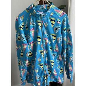 Sun Bay womens long sleeve zip up blue multicolor sweatshirt sailboat pattern, L